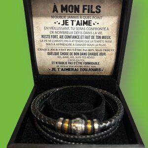 Men's Leather Braided Bracelet, 3 layers for son. 8 inch - NEW